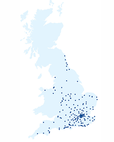 Map of UK showing store locations